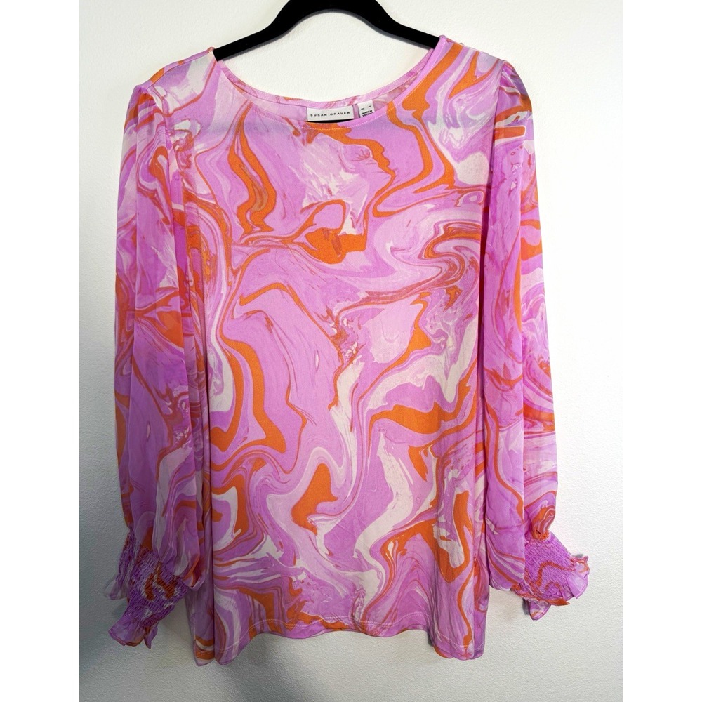 Susan Graver XL Purple/Orange/White Abstract Knit Ruffle Round Neck Top Long Slv